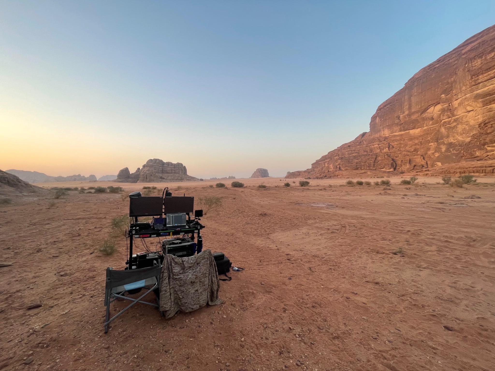 Digital imaging workstation on a film production in the desert